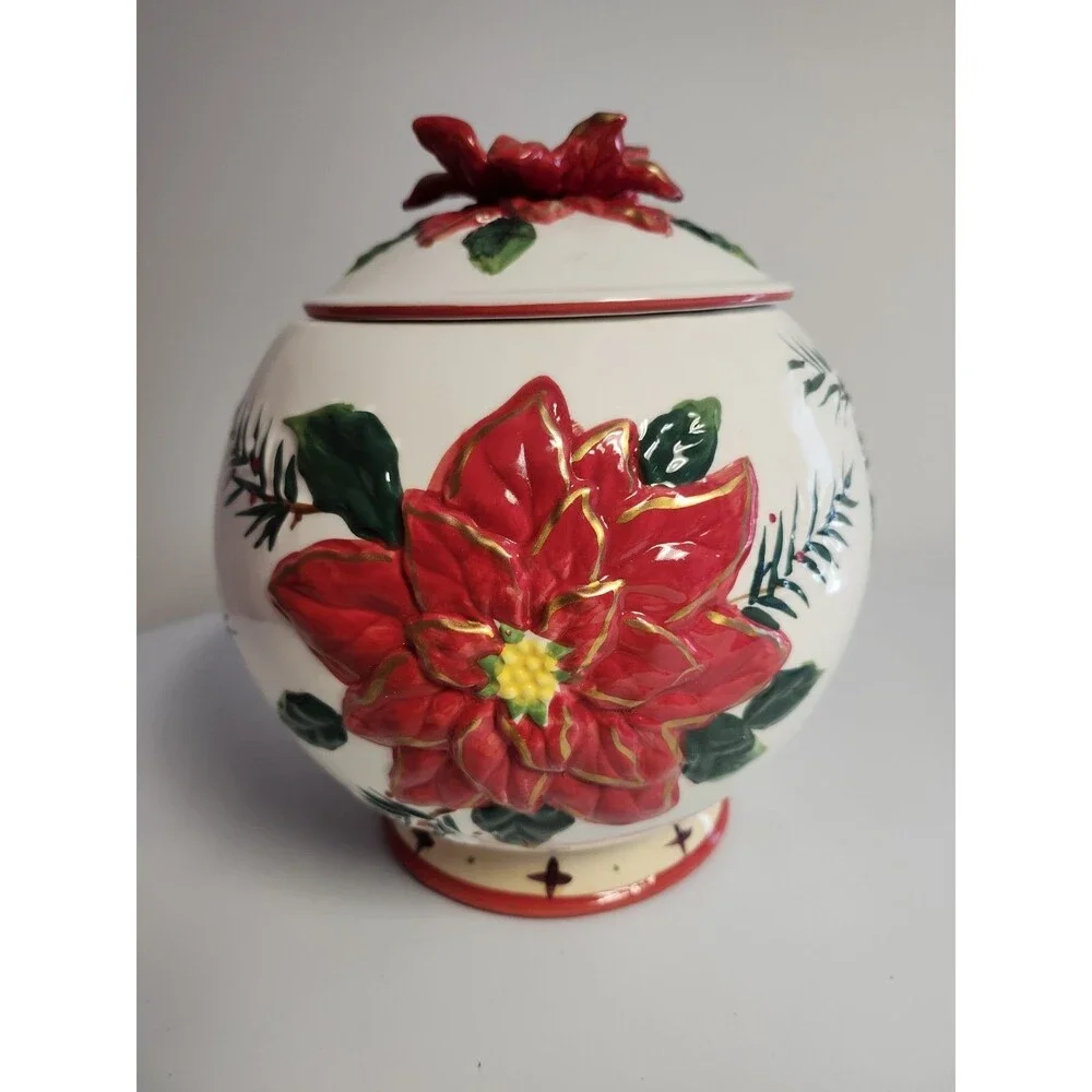 Vintage BICO Christmas 3D POINSETTIA Centerpiece COOKIE JAR 9